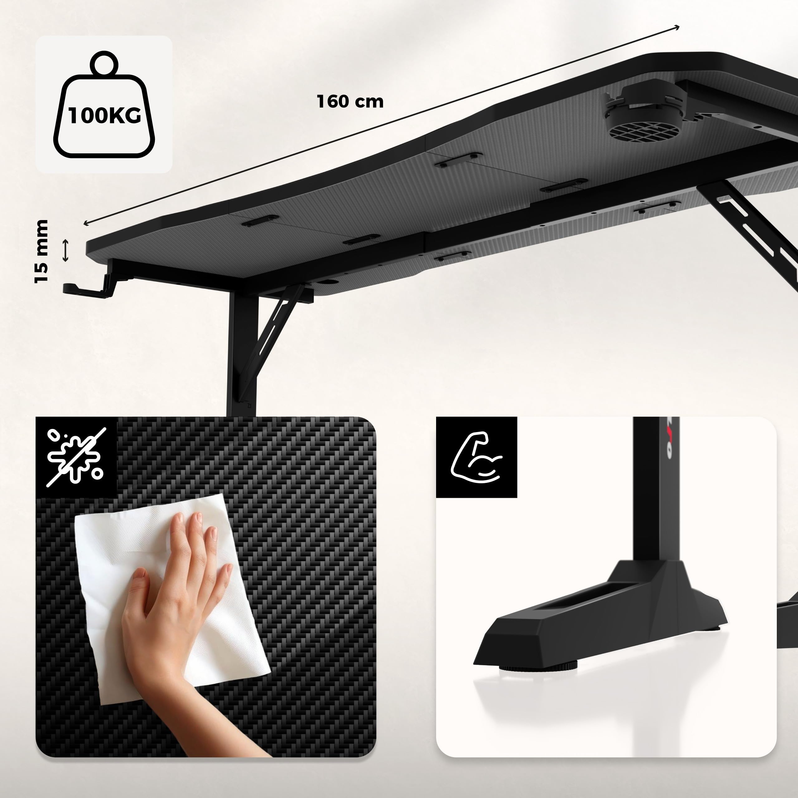 huzaro Hero 4.6 - Mesa para videojuegos (altura regulable, escritorio de 160 x 60 cm, superficie de carbono, gestión de cables, soporte para bebidas y soporte para auriculares, mesa para PC, oficina