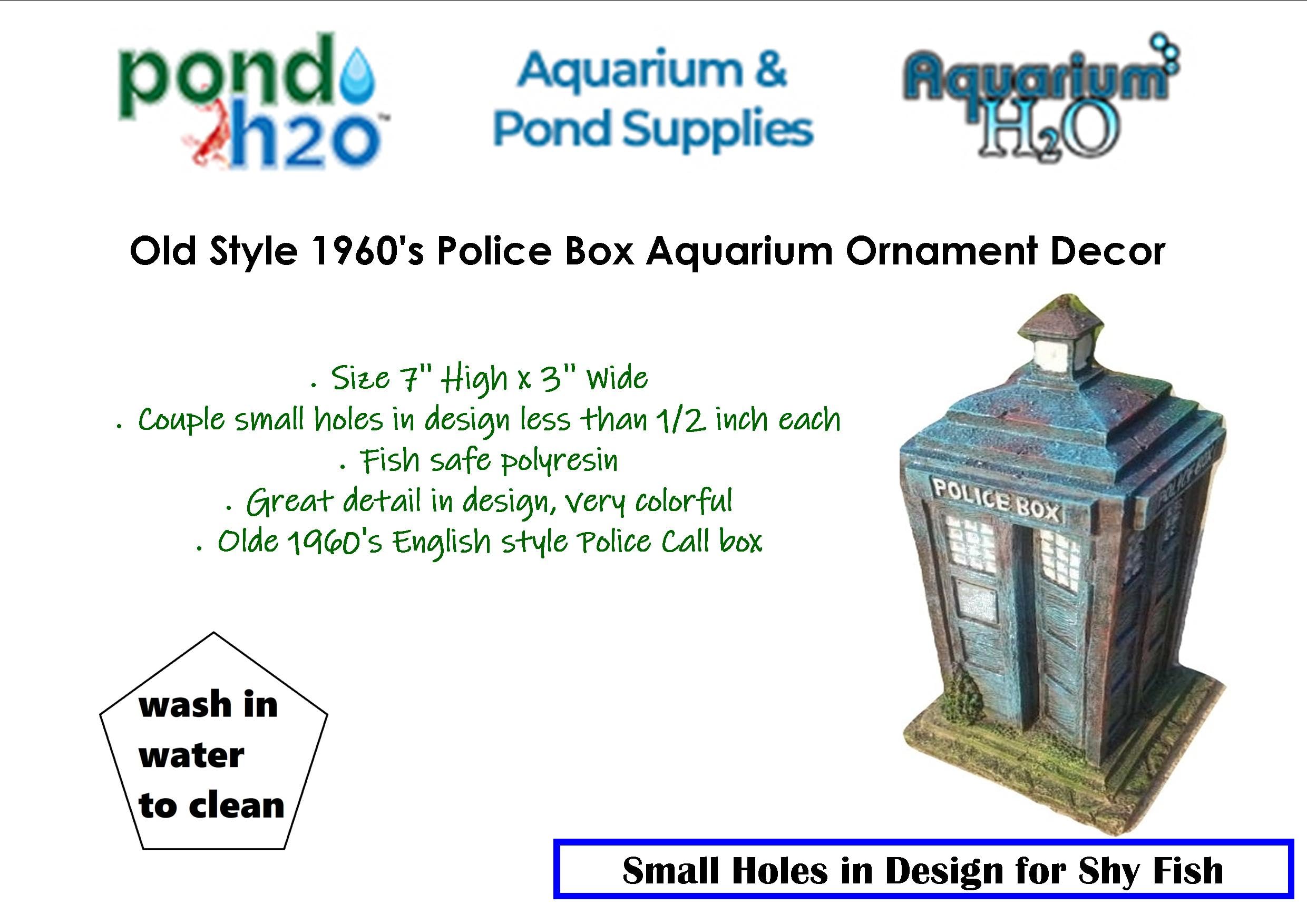 Old Style 1960's Police Box Aquarium Ornament Decor, Fish Safe Polyresin, 7 Inches Tall | Aquarium Fish Tank Tardis Fish Hideout House Resin Ornament, Blue Decoration