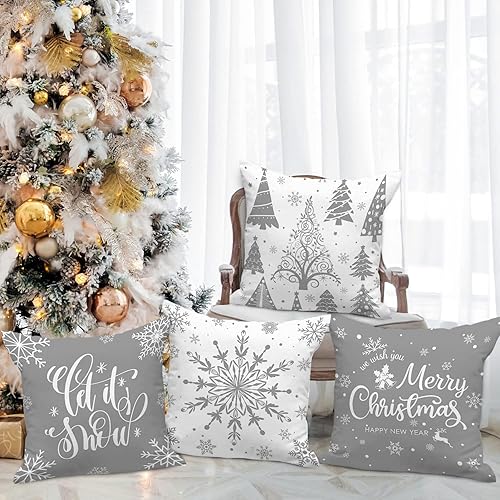 Miniatura 5 de Lanpn Juego de 4 fundas de almohada de Navidad blancas y grises de 18 x 18 pulgadas, fundas decorativas de 18 pulgadas con copos de nieve de