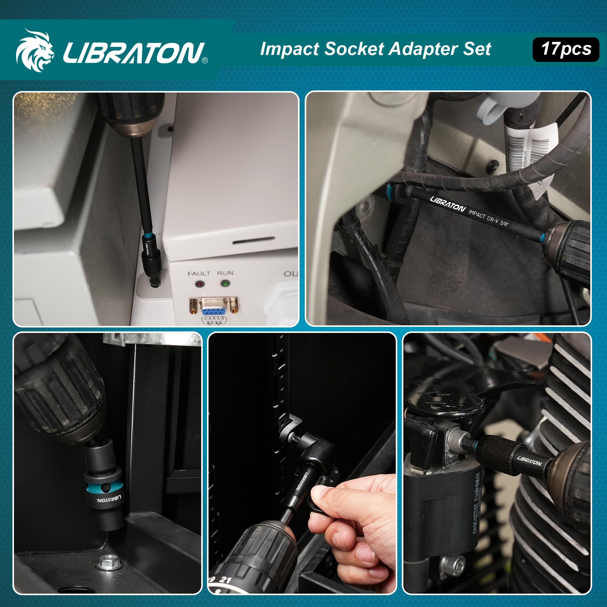 LIBRATON Set De 17 Adaptateurs De Douille À Choc, Carrés 1/4", 3/8", 1/2"