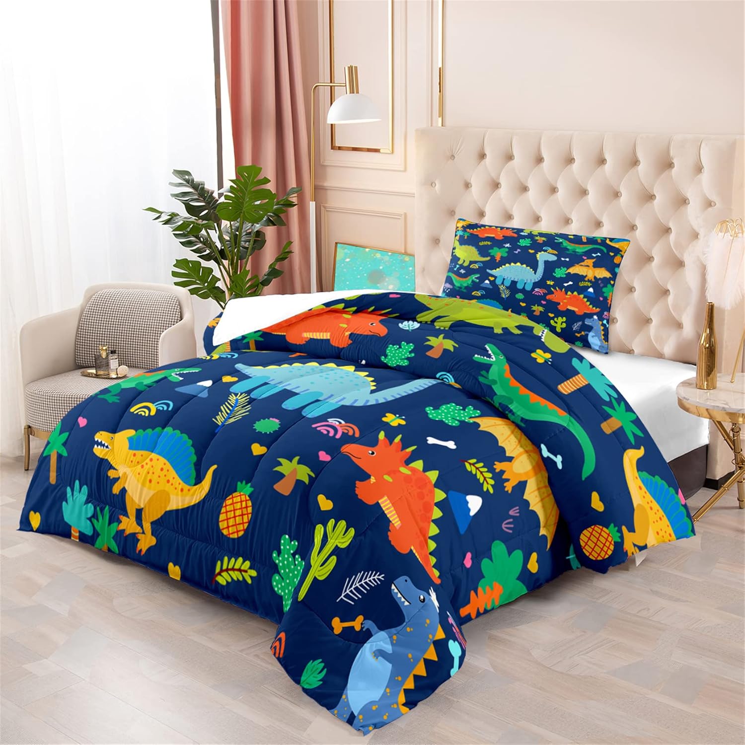 Cartoon Dinosaur Comforter Set for Kids Dark Blue Dinosaurs Twin Comforter Set for Boys Dinosaur Kids Bedding Set Soft Breathable Dinosaurs Quilt with 1 Pillowcase for All-Season, Twin Size - Image 2