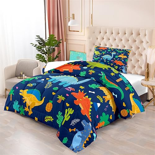 Vista 45 de Lindo juego de ropa de cama de dinosaurios de dibujos animados, ultra suave, juego de edredón tamaño matrimonial para niños, bonito edredón