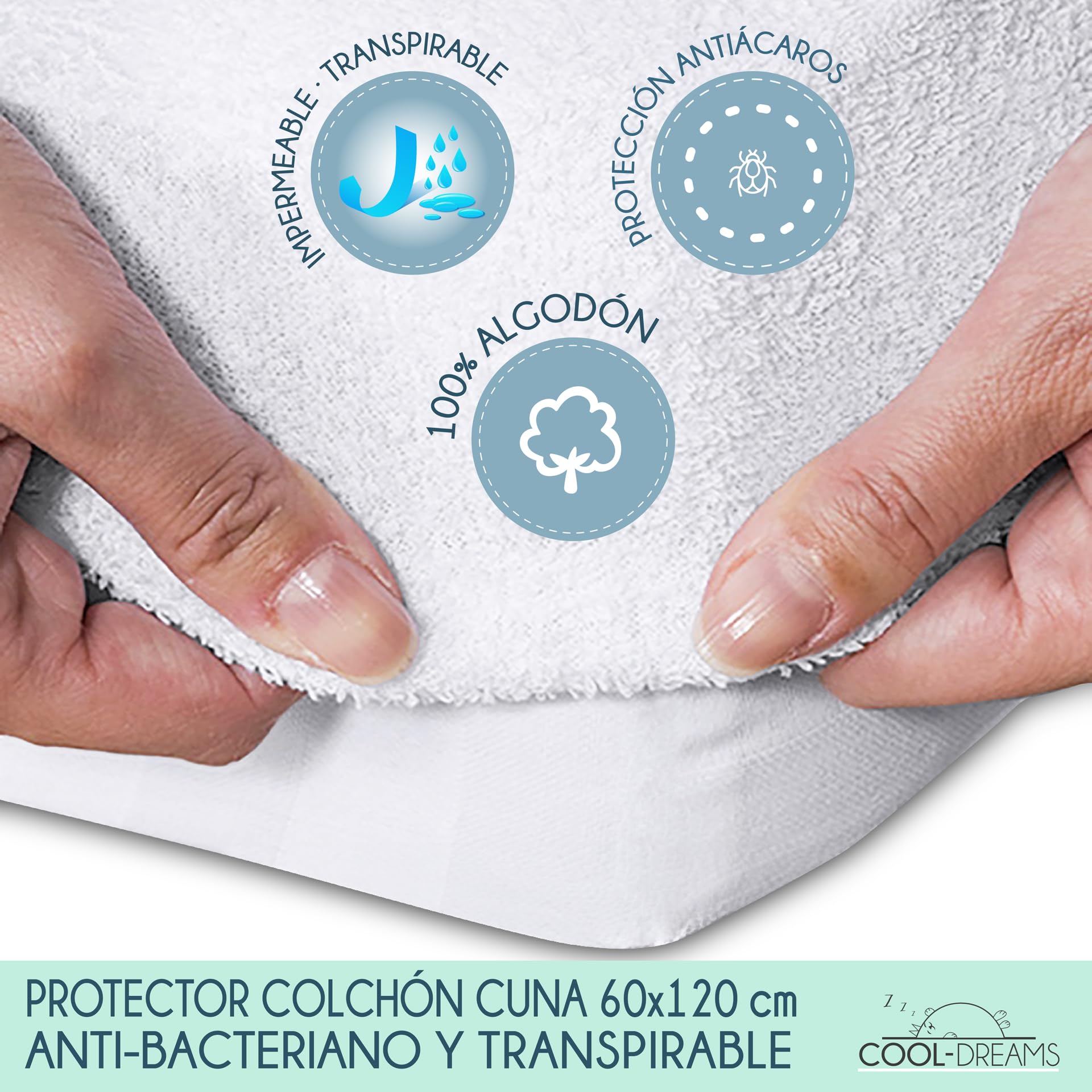 Protector Colchón Cuna 120x60, Impermeable, 100% Algodón CoolDreams | 100% algodón, membrana impermeable, tejido hipoalergénico y fabricación en España.