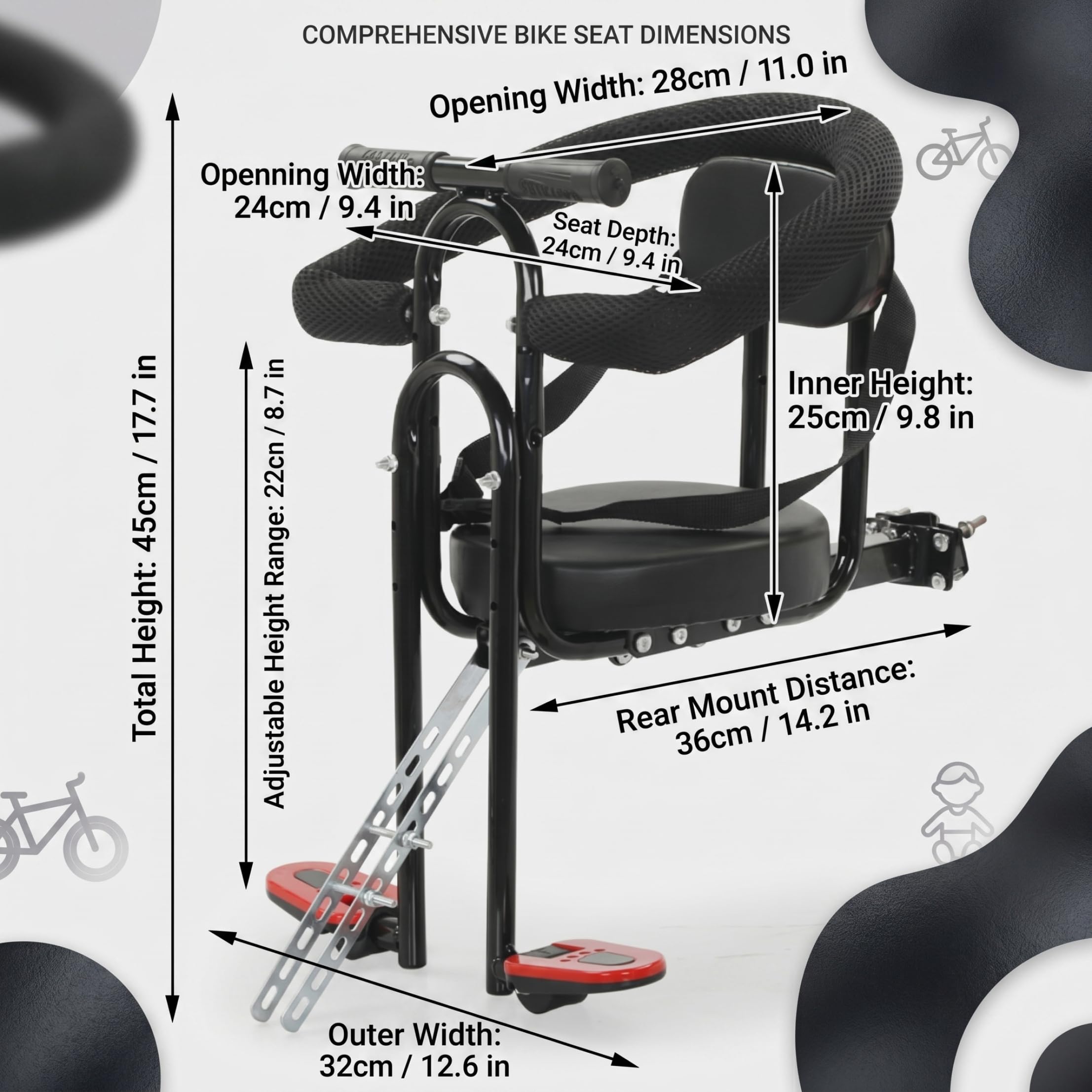 Siège vélo Enfant en Acier, Fixation Deux Points, avec pédales réglables et barrière de sécurité -