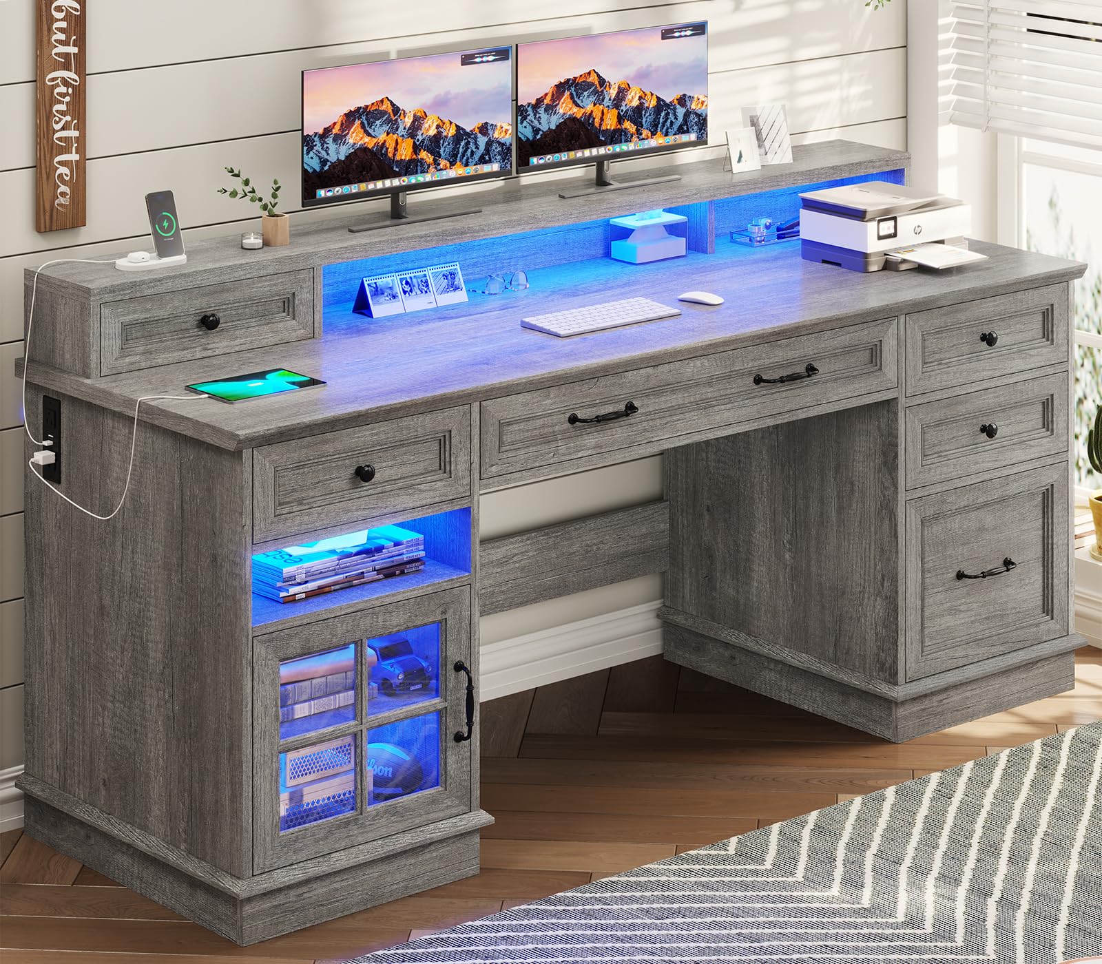 BTHFST Farmhouse Executive Desk with File Drawer, Computer Desk with Charging Station & LED Lights, Home Office Desk with Drawers & Storage Cabinet,