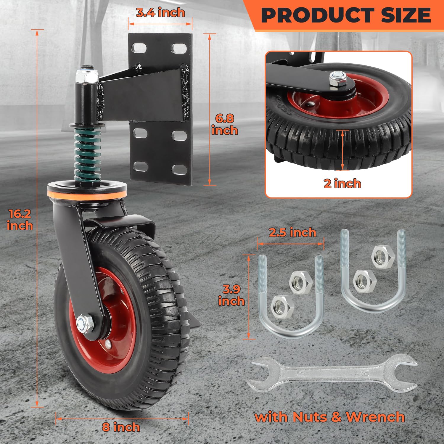 8inch Gate Wheel with Brake, Moves Smoothly Fence, 600 Lb Capacity 360 Degree Rotation Gate Wheels for Wooden/Metal Tube Gate Spring-Loaded Heavy Duty Gate Wheel Nuts Wrench Gloves