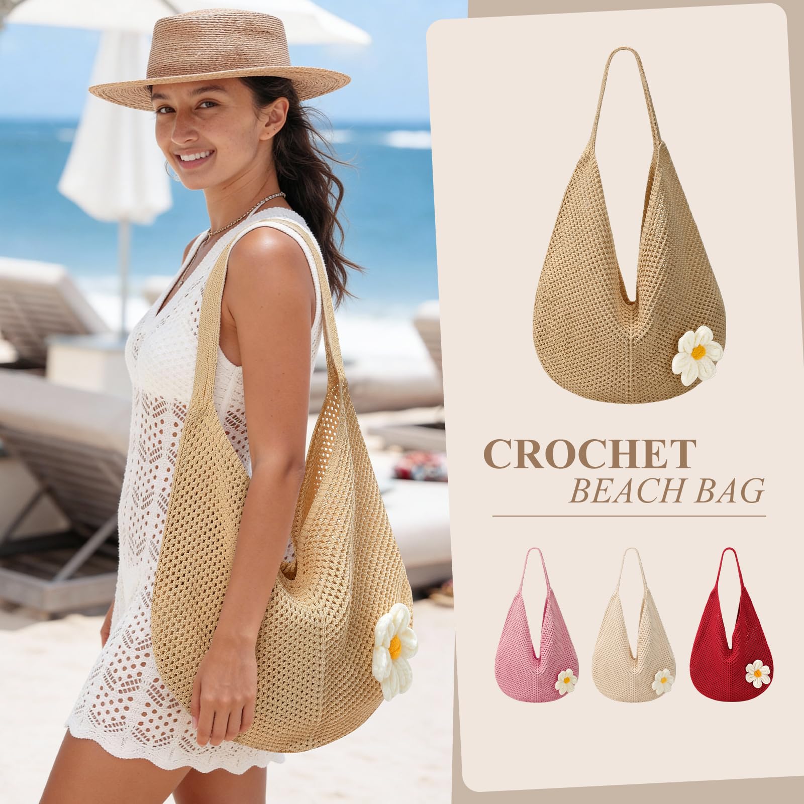 Premillow Crochet Beach Bags for Women, Summer Beach Tote Bag, Mesh Cute Beach Purse, Aesthetic Knit Bag Handbag Shoulder Bag — view 7