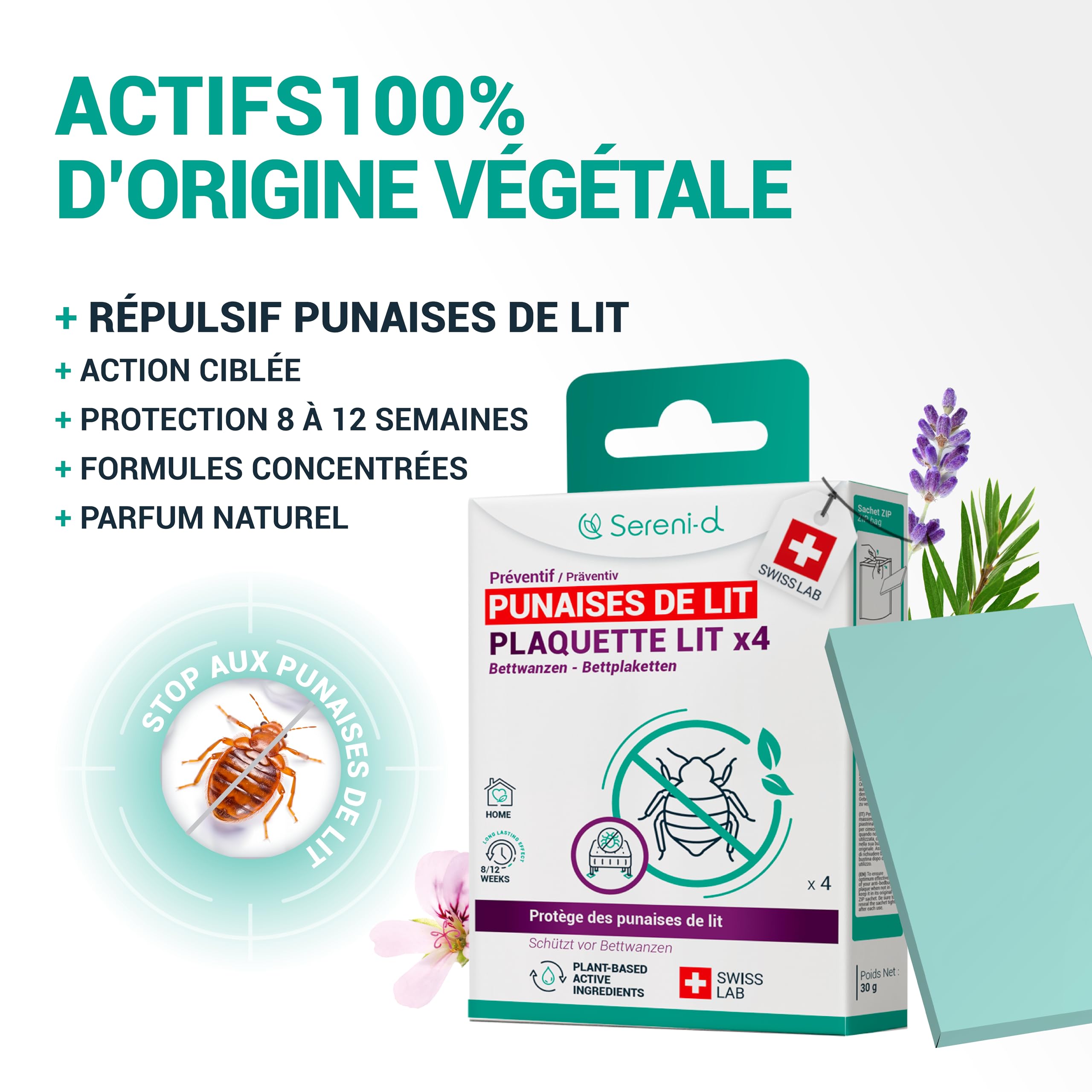 PLAQUETTES LIT Répulsives Punaises de Lit - Protège des punaises de lit pendant votre sommeil - x4