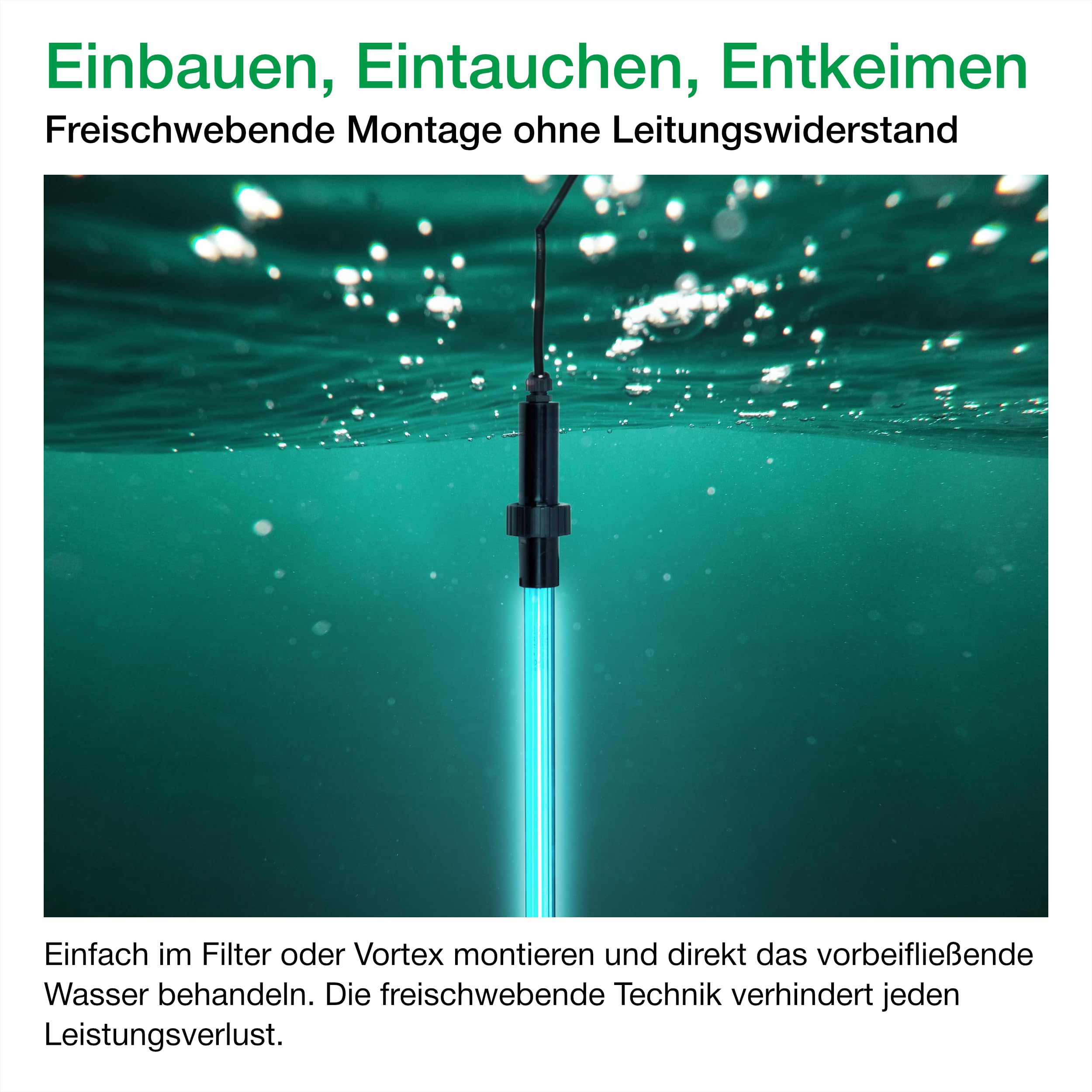 Wagner Green UVC Tauchstrahler (75 Watt) 3-tgl. Bausatz mit Betriebsstundenzähler, UV-C Teichklärer Lampe Gartenteich Koiteich Filter zur Entkeimung und Algenvernichter