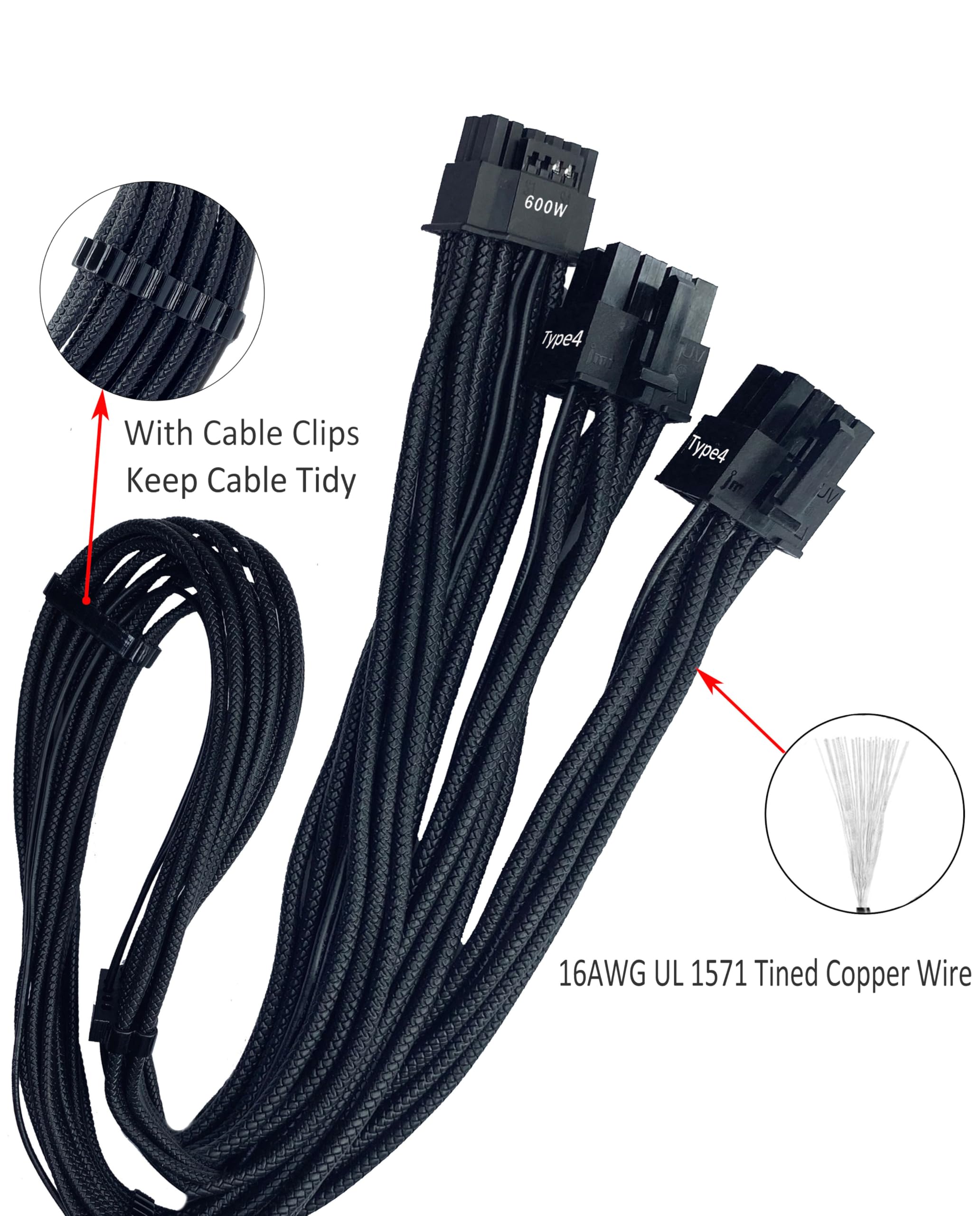 Kabel zasilacza PCIe 5.0 12VHPWR 600 W do zasilacza Corsair typu 4, 8-pinowy podwójny PCIe do 12+4-pinowego złącza, cynowana miedź 16 AWG, do RTX 50 / RX 7900 / RX 9070 Series - czarny