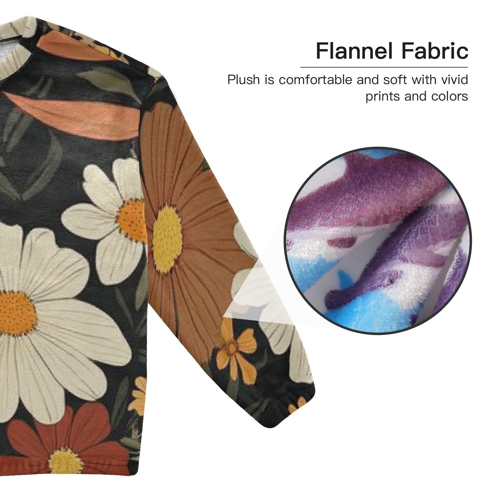Pigiama da donna in morbido pile a due pezzi con fiori marroni retrò per donne a maniche lunghe girocollo set
