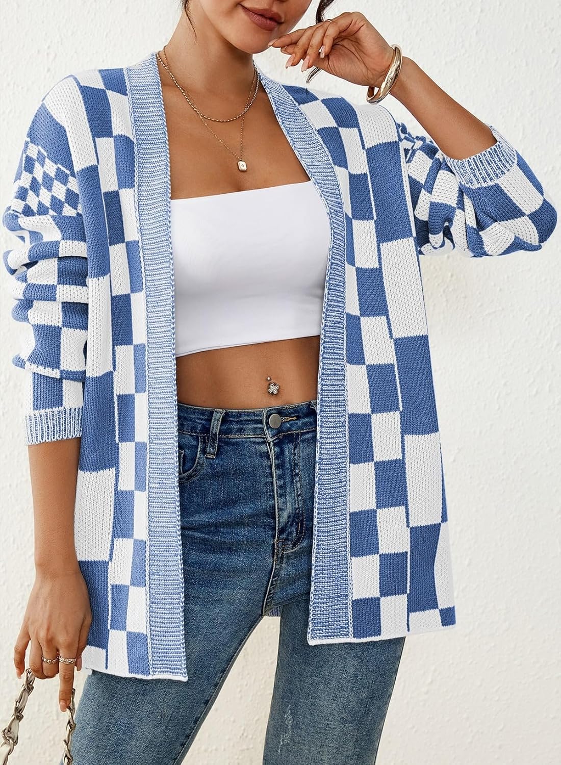 Pink Queen 2026 Checkered Cardigan Sweaters for Women Casual Long Sleeve Plaid Knit Outwear Coats with Pockets - Image 3