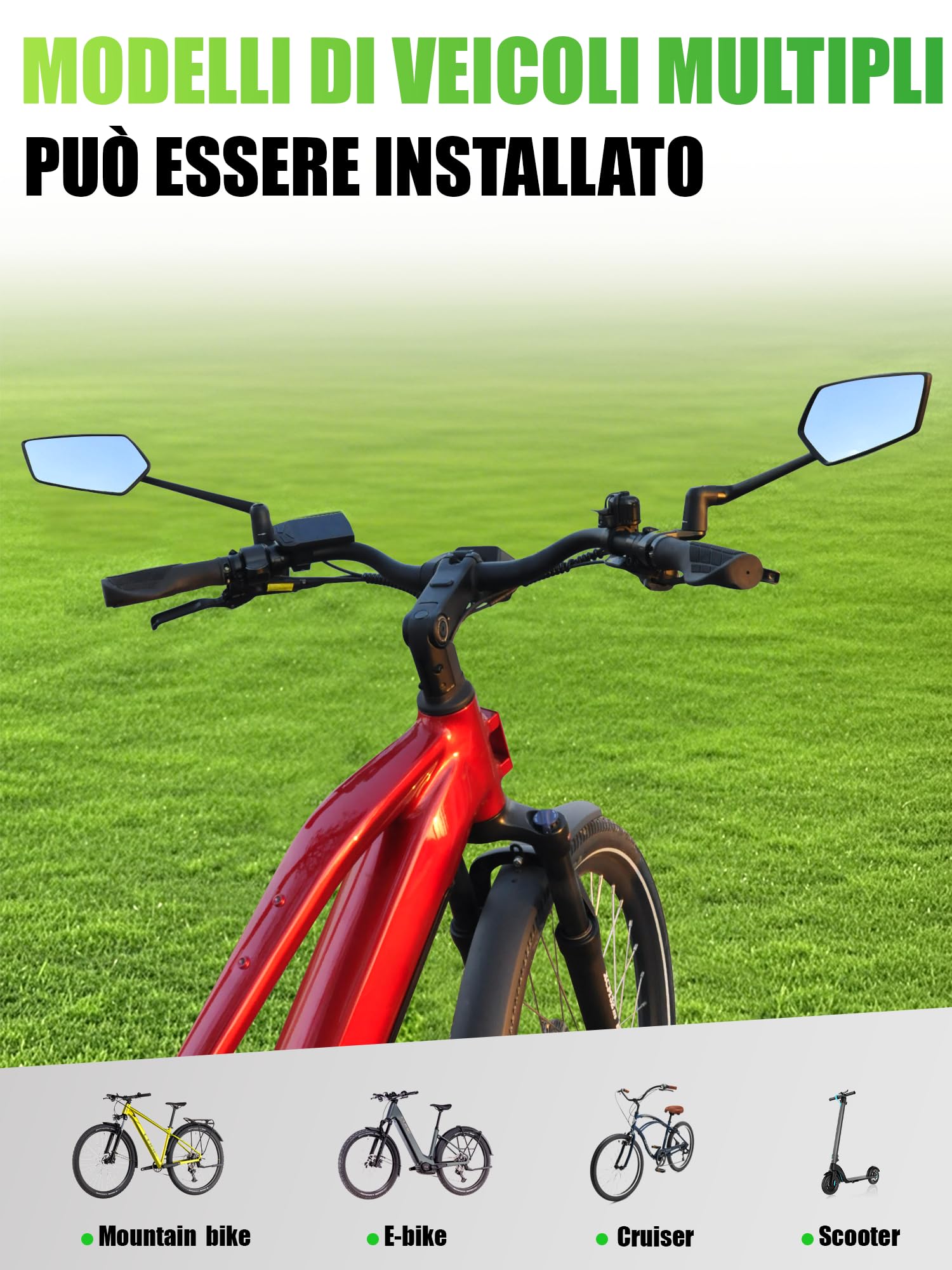 RBRL Specchio per bicicletta | 3D regolabile per visione panoramica | girevole e pieghevole a 360° | Specchio retrovisore in vero vetro infrangibile | Durevole e compatto manubrio per bicicletta