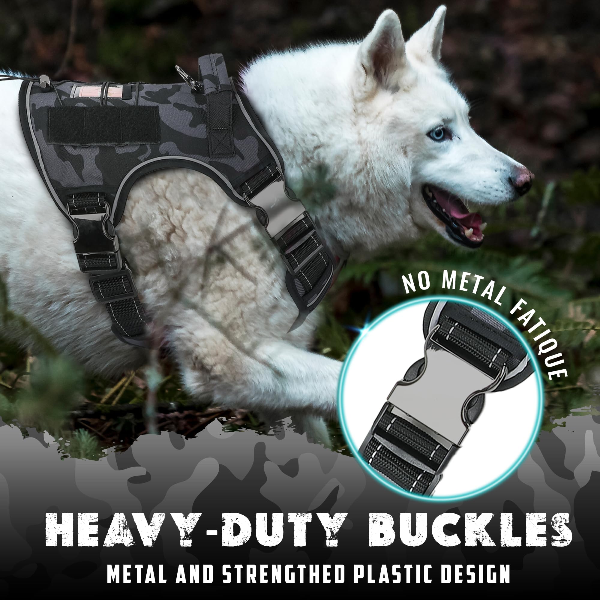 Locust Tree Camo Tactical Dog Harness for Medium Dogs No Pull, Dog Harness with Handle and Camo Black Patterns, Comfortable Dog Harness with Easy Attach Patch Panels