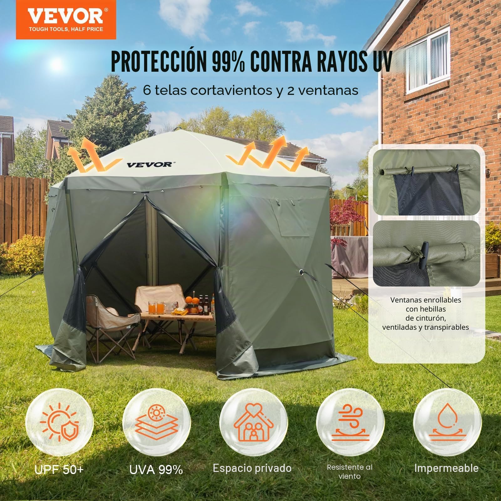 VEVOR Carpa Plegable para Cenador 6 Lados con Mosquitera y Paños de Viento 3,05 x 3,05 x 2,29 m Verde Marrón