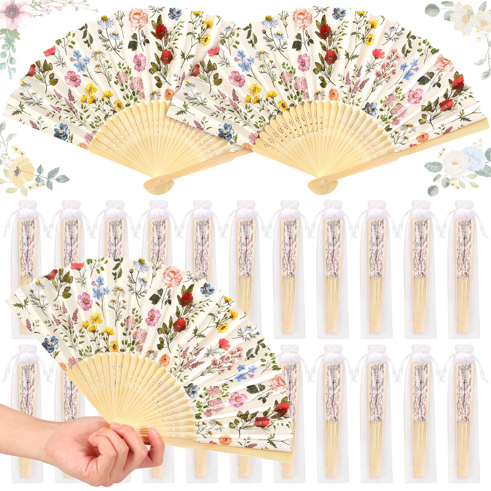 JarThenaAMCS Faltbarer Handfächer mit Organza-Beuteln, dekorative Handfächer, Vintage-Wildblumen-Papierfächer für Frühling, Junggesellinnenabschied, Hochzeit, Brautparty, Party, Gastgeschenke, 24
