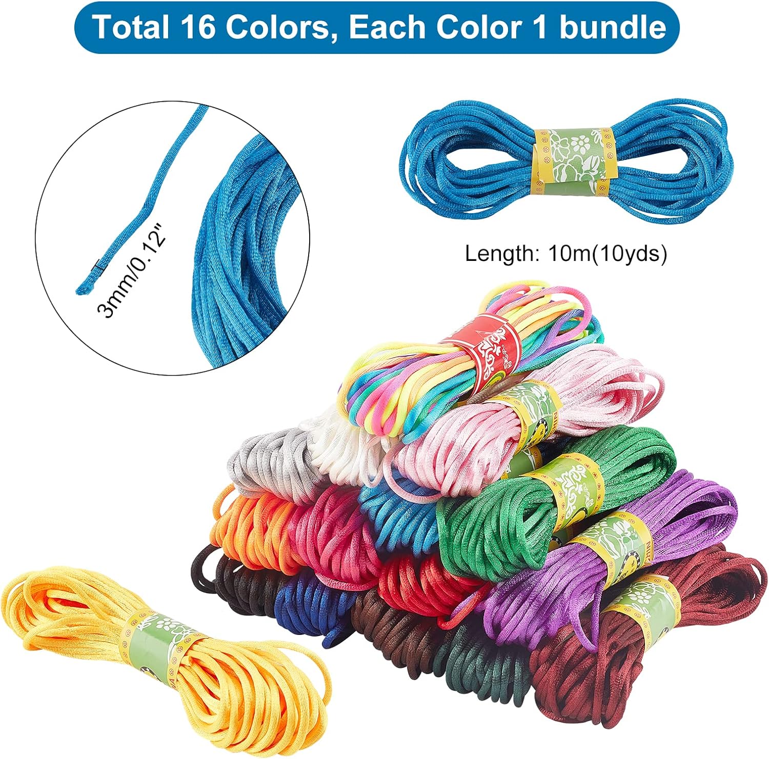 PH PandaHall 3mm Satin Nylon String 16 Colors Rattail Silk Cord 160 Yards Silk Bracelet String Beading String for Friendship Bracelet Necklace Chinese Knot Macramé Trim Dream Catchers Braid Hair - Image 4