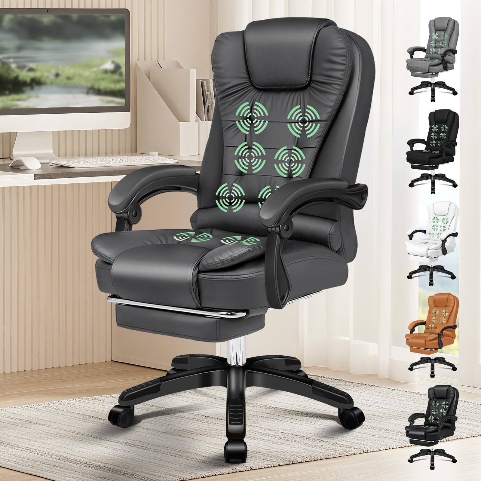 ELFORDSON Executive Office Chair with 8-Point Massage & Seat Heated, Home PC Gaming Chairs with Footrest, High Back 150° Reclining Executive Desk Chair with Padded Armrest, PU Leather, Grey