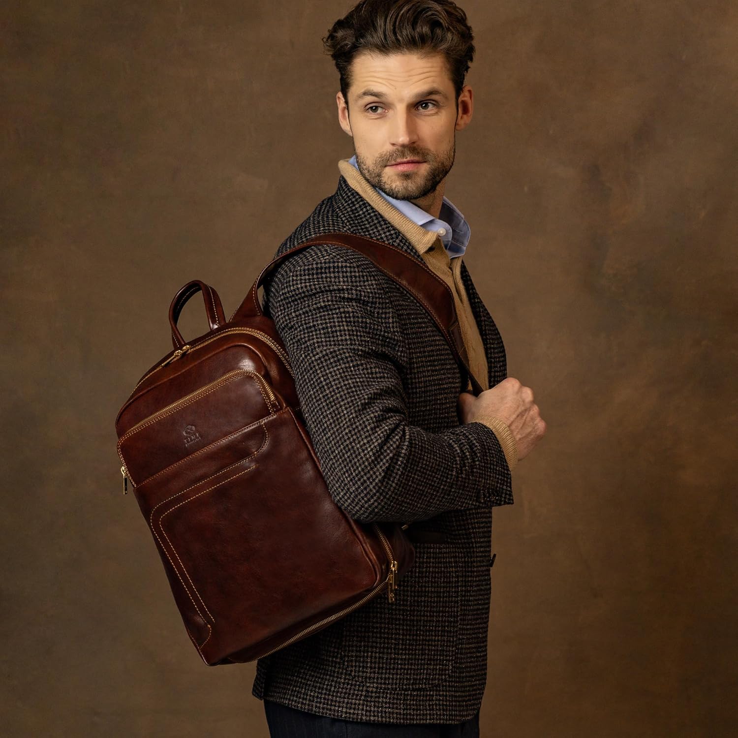 Time Resistance Leather Business Backpack - Laptop and A4 Portfolio Bag - Travel Bag Rucksack (Brown) - Image 2