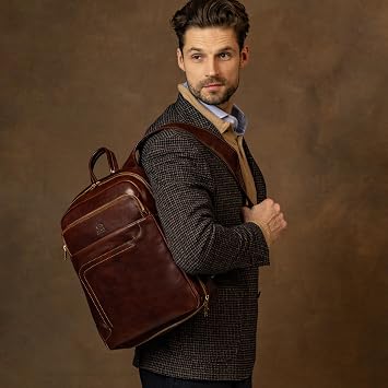 Time Resistance Leather Business Backpack - Leather Backpack for Laptop or A4 Portfolio - Computer Bag Made in Italy (Brown)