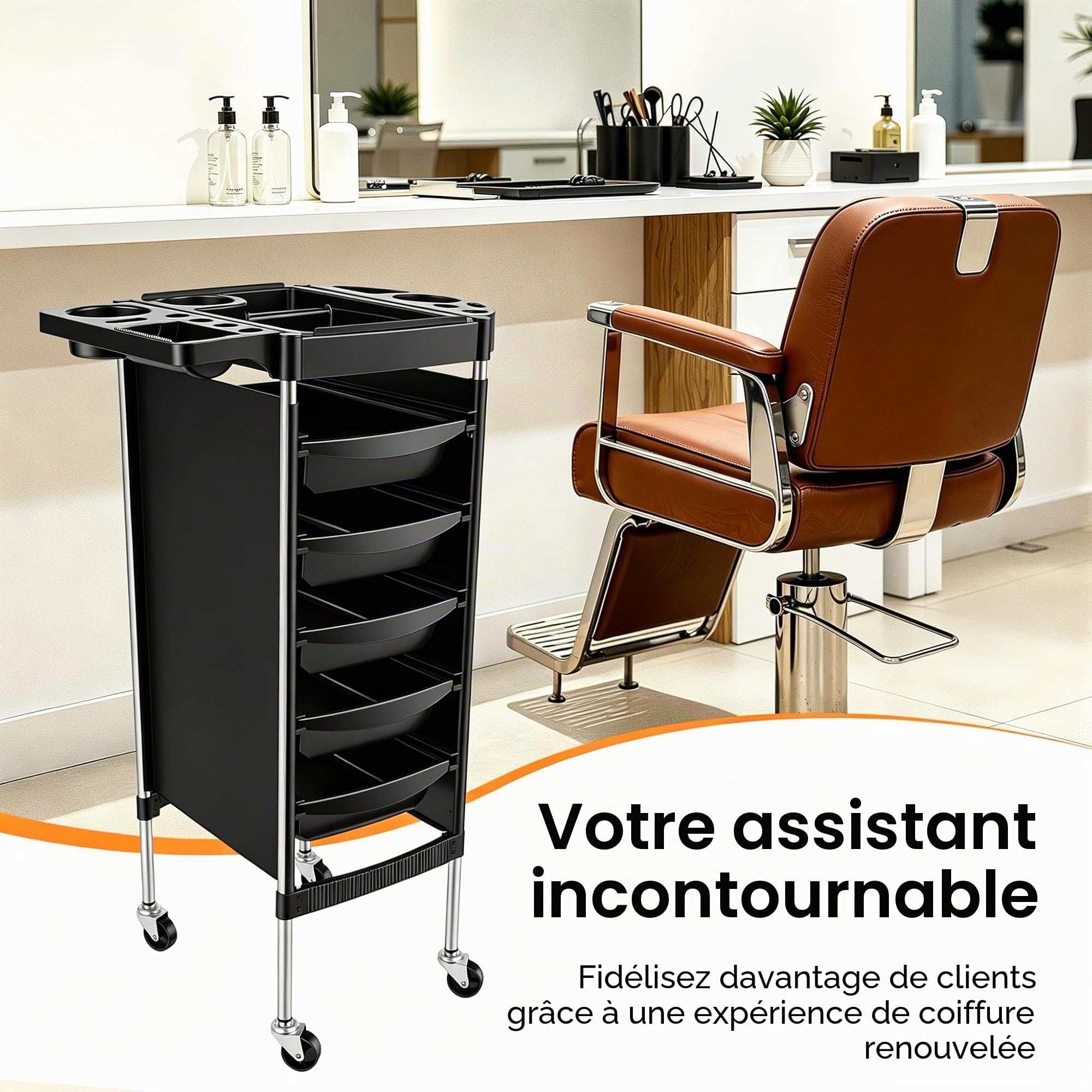 Chariot de coiffure avec roulettes, 36 x 85,5 cm, 5 tiroirs, rectangulaire, avec plusieurs ouvertures, pour accessoires de coiffure, bijoux, cosmétiques, noir