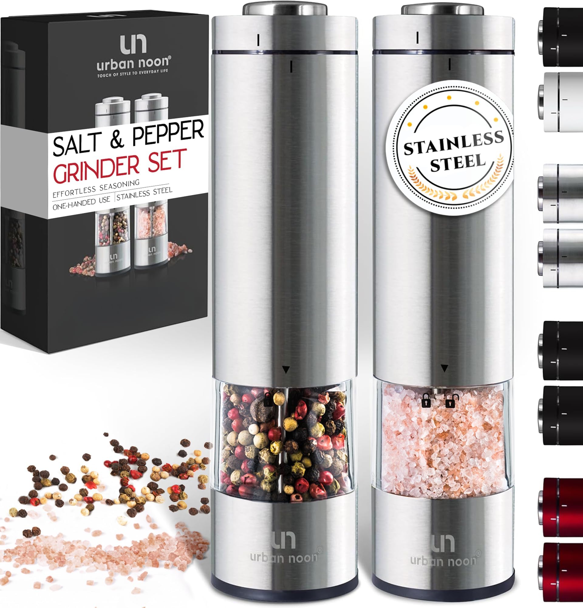 urban noon Electric Salt and Pepper Grinder Set - Battery Operated Stainless Steel Mill with Light (2 Mills) - Automatic One Handed Operation - Electronic Adjustable Shakers - Ceramic Grinders
