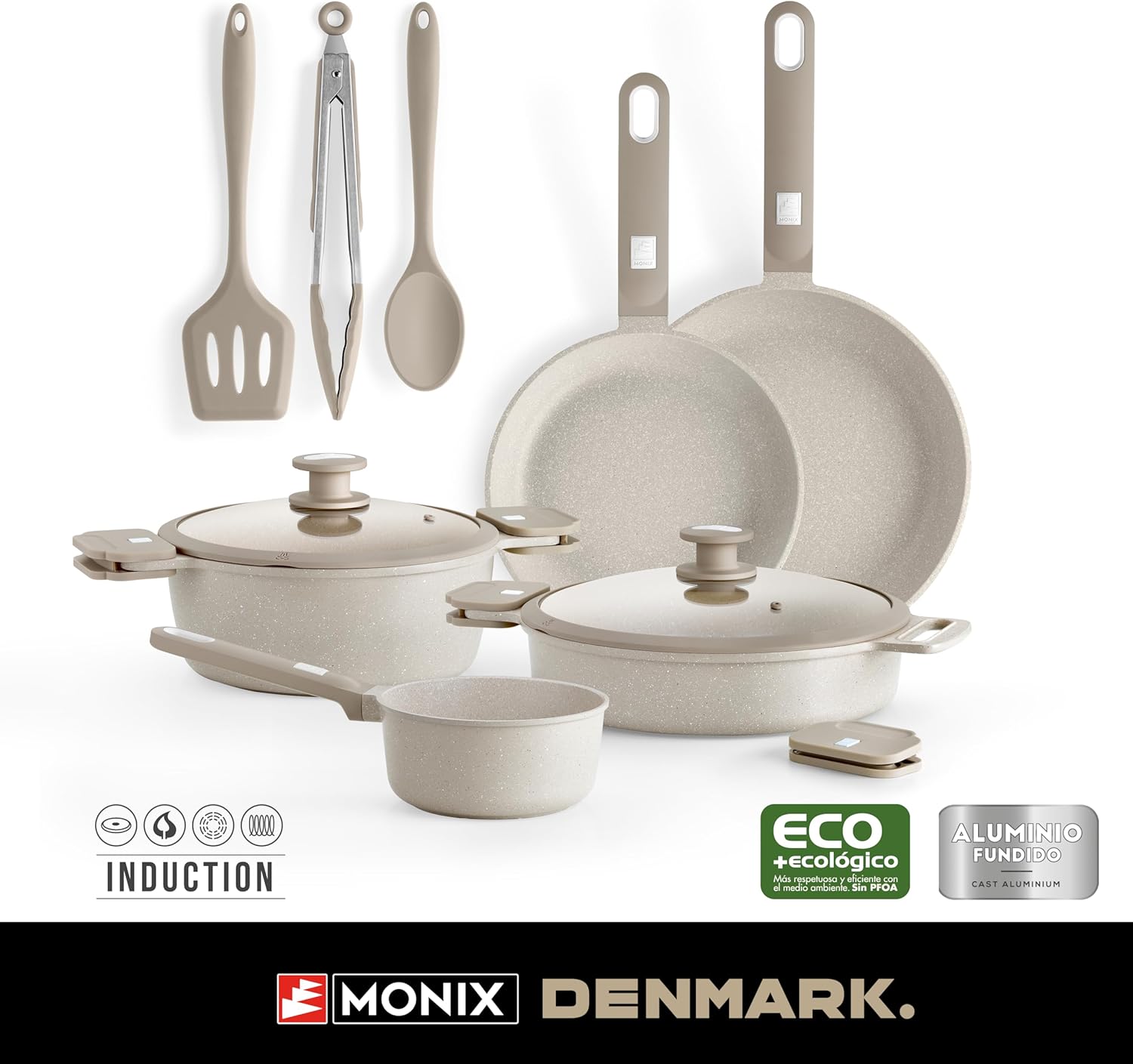 MONIX Denmark | 10 Piece Cookware Set, Cast Aluminium with Non-Stick, Suitable for All Types of Cookers Including Induction