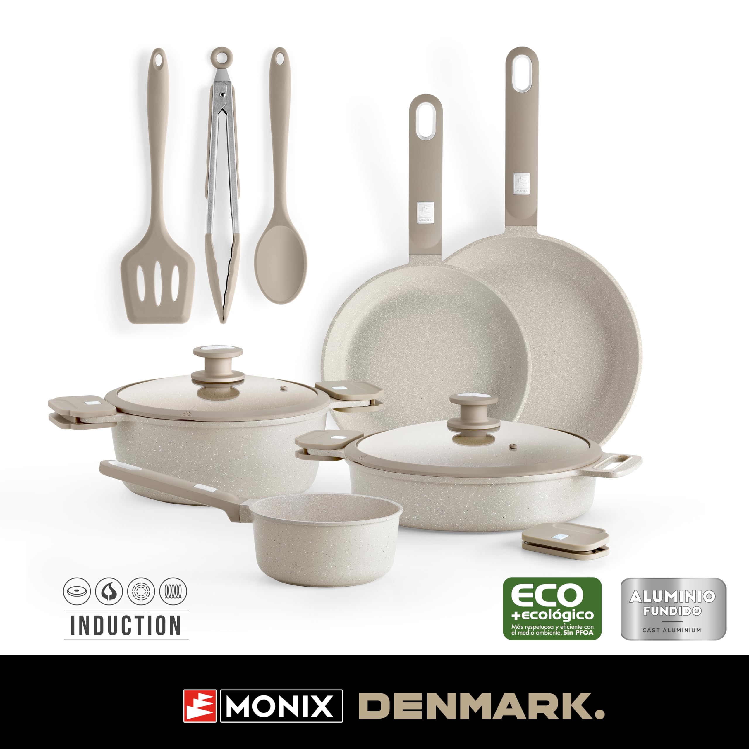 MONIX Denmark | Bateria de cocina 10 piezas, Aluminio Fundido con Antiadherente, Apta para todo tipo de Cocinas incluida Inducción