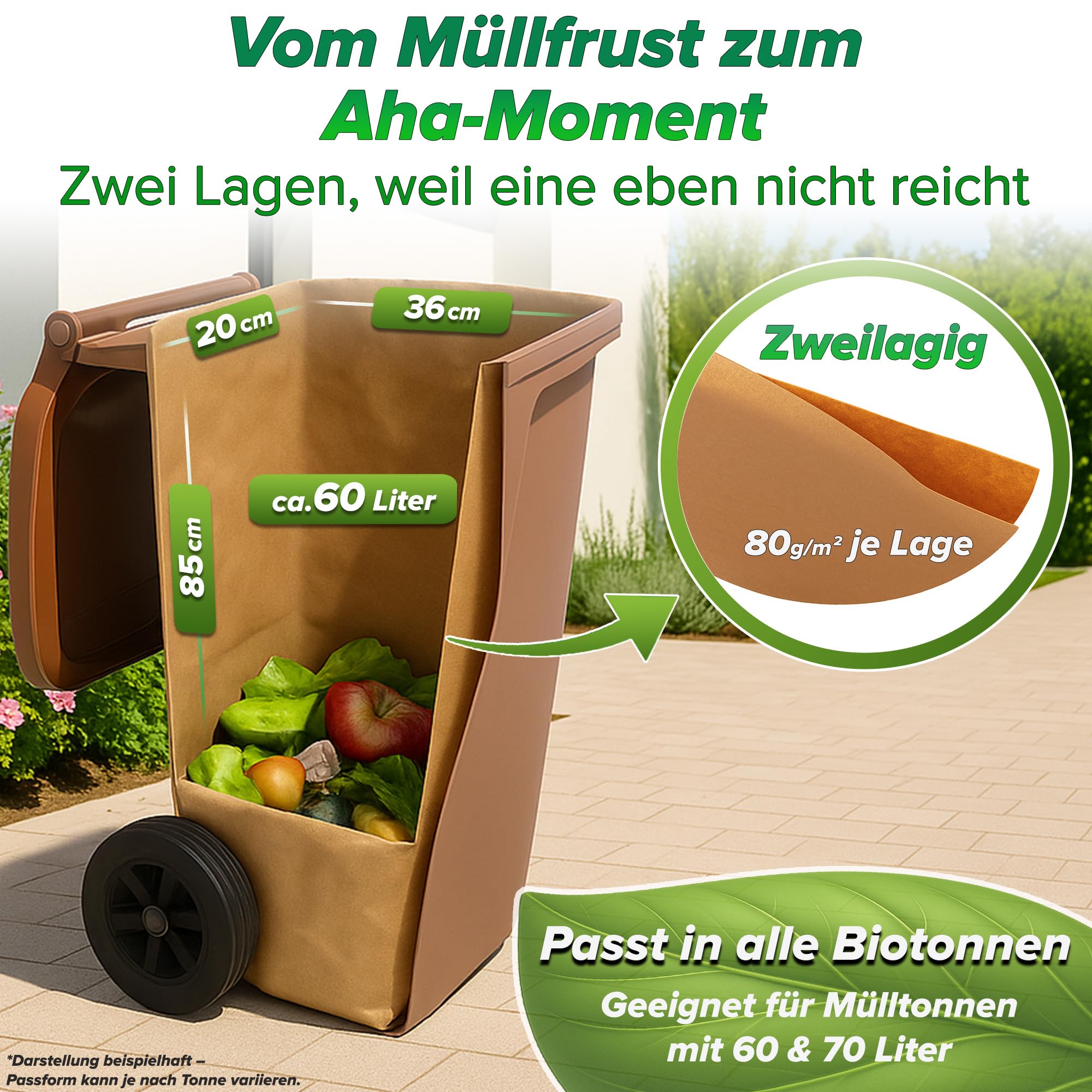Biotonnenmüllsäcke 60L - 70L I 25Stk Müllbeutel Biotonne I Biomüllsäcke I Papiermüllsäcke für Biomülltonne madenfrei I Papiersäcke für Gartenabfälle