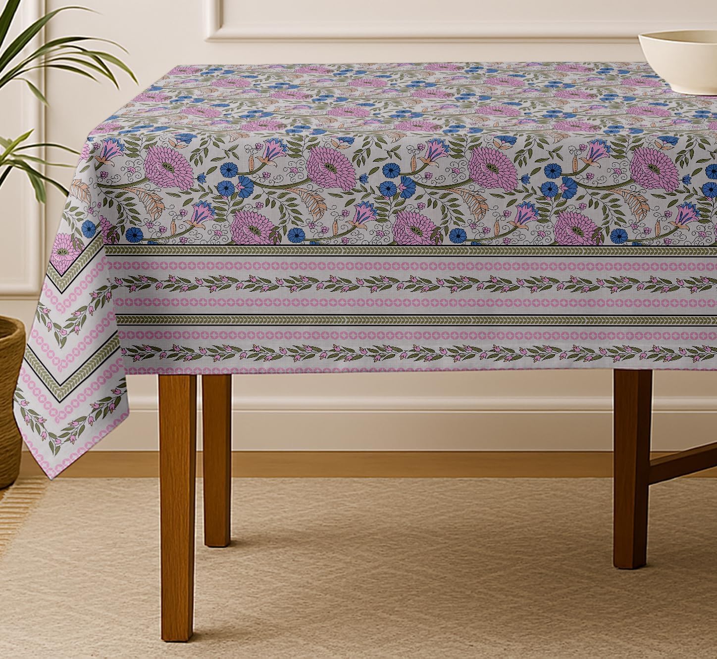 Floral Design Tablecloth - Pink 54X54 Inch Cotton Twill Dining Table Cover, Perfect for 4 Seater Tables, Durable, Washable, Wrinkle Resistant, Ideal for Festive Occasions & Gatherings