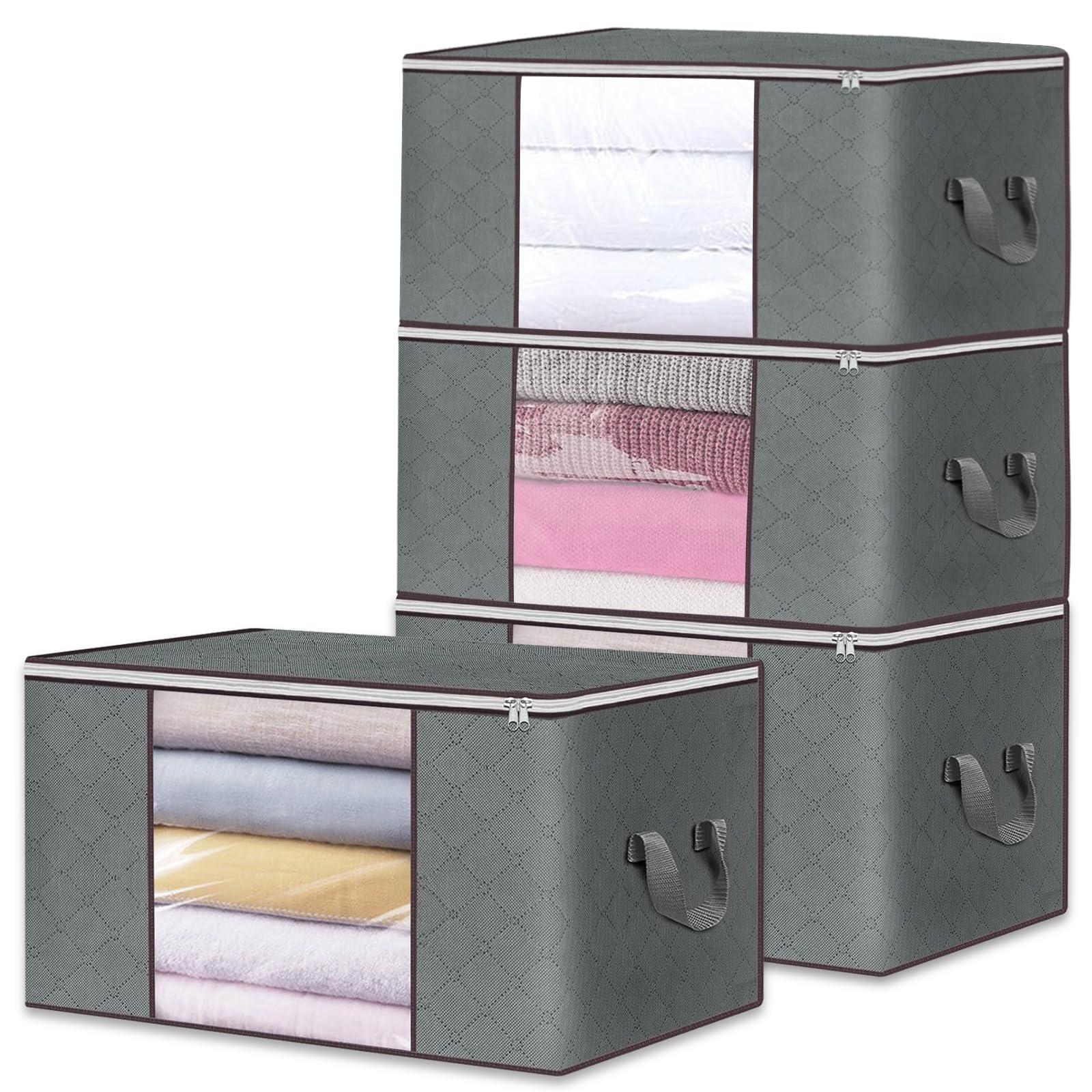 4 Piezas 90L Organizador Ropa, 60x40x35cm con Ventana Transparente y Cremallera Robusta, 90L Plegable Bolsas para Guardar Ropa Con Mango Reforzado, para Guardar Ropa, Edredones, Mantas