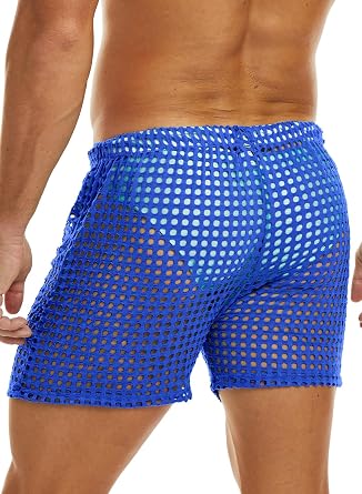 MIZOK Mens Hollow Openwork Short Sexy Fishnet See Through Boxer Shorts Lounge Swim Cover