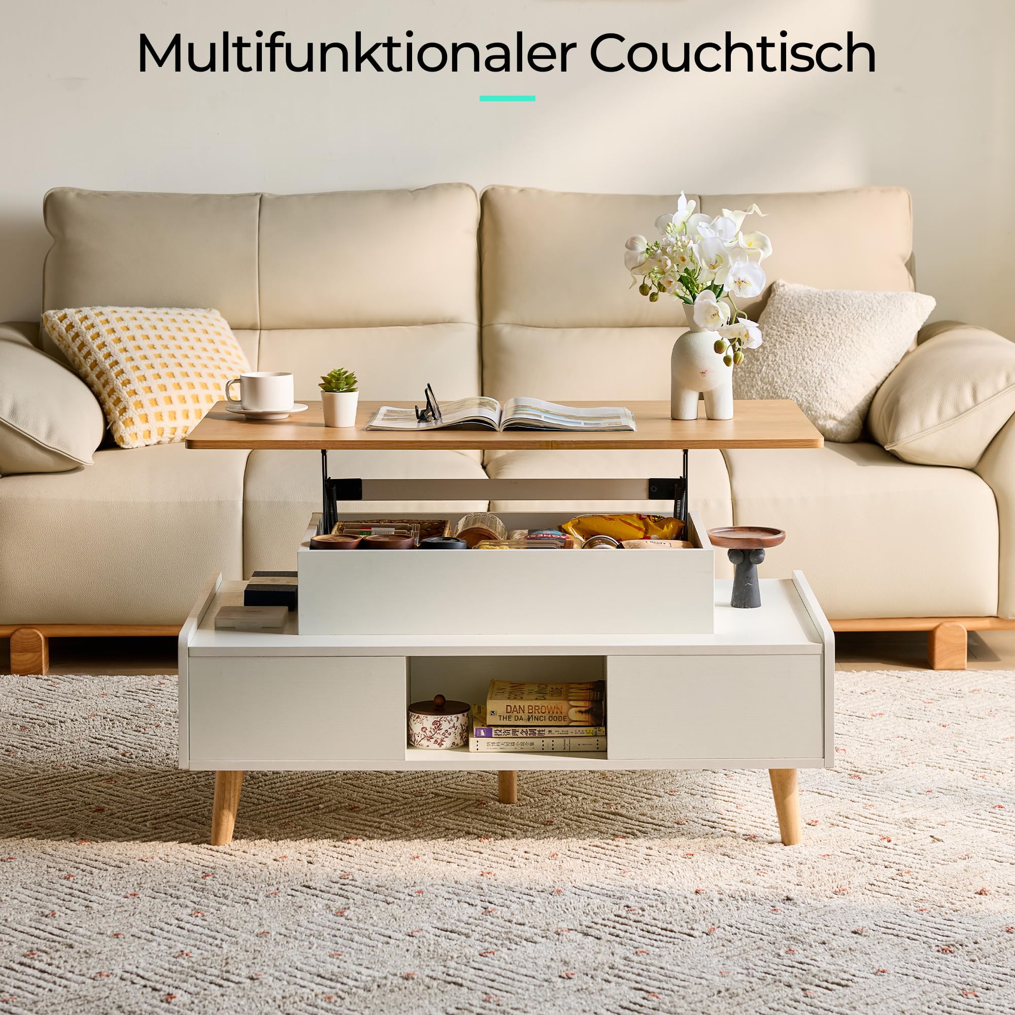 LINSY HOME Couchtisch Höhenverstellbar mit Stauraum, Höhenverstellbarer Coffee Table, Wohnzimmertisch mit 2 Großem Schubladen, 60 x 100cm Sofatisch