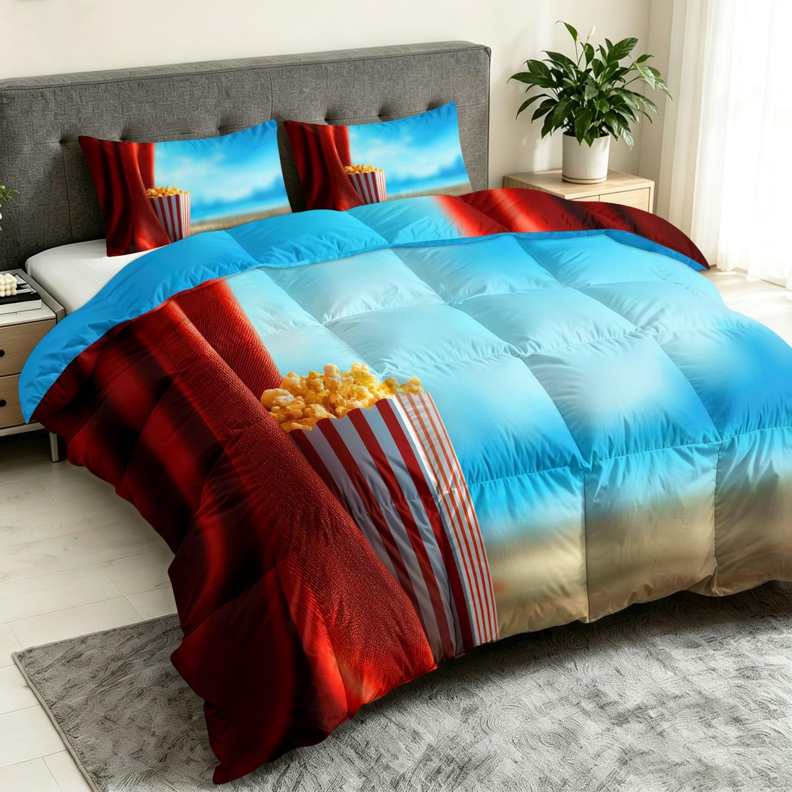 Poszewka na kołdrę pojedynczą 7,5 tog - letnia dwustronna kołdra z 2 poszewkami na poduszki, kołdra 135 x 200 cm, nowoczesna, lekka i przytulna kołdra 220 g/m², popcorn do kina, narzuta na łóżko