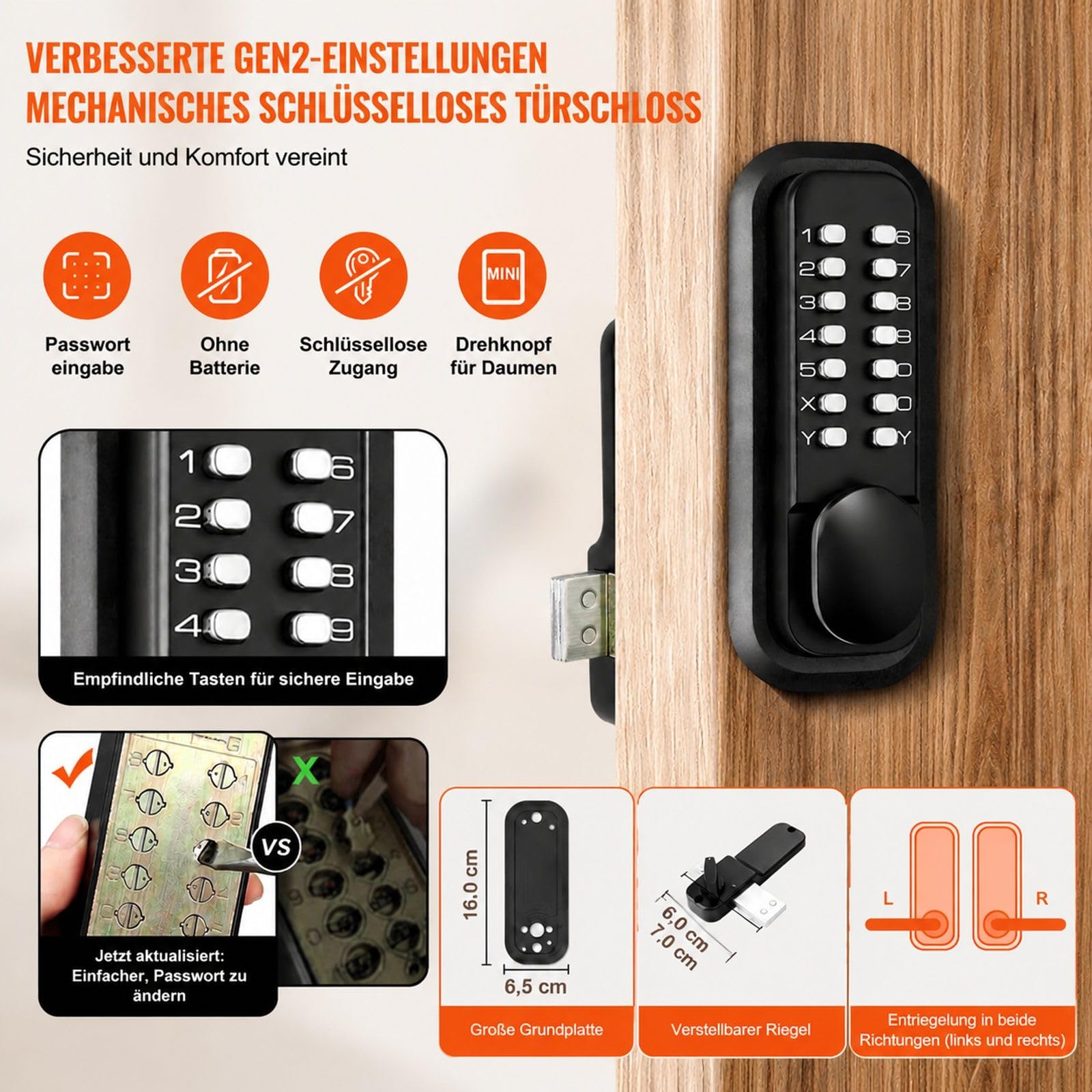 Mechanisches Türschloss mit Zahlencode, Tastatur und Drehknauf, Aufputzmontage, für Garage, Hotel, Büro und Studio