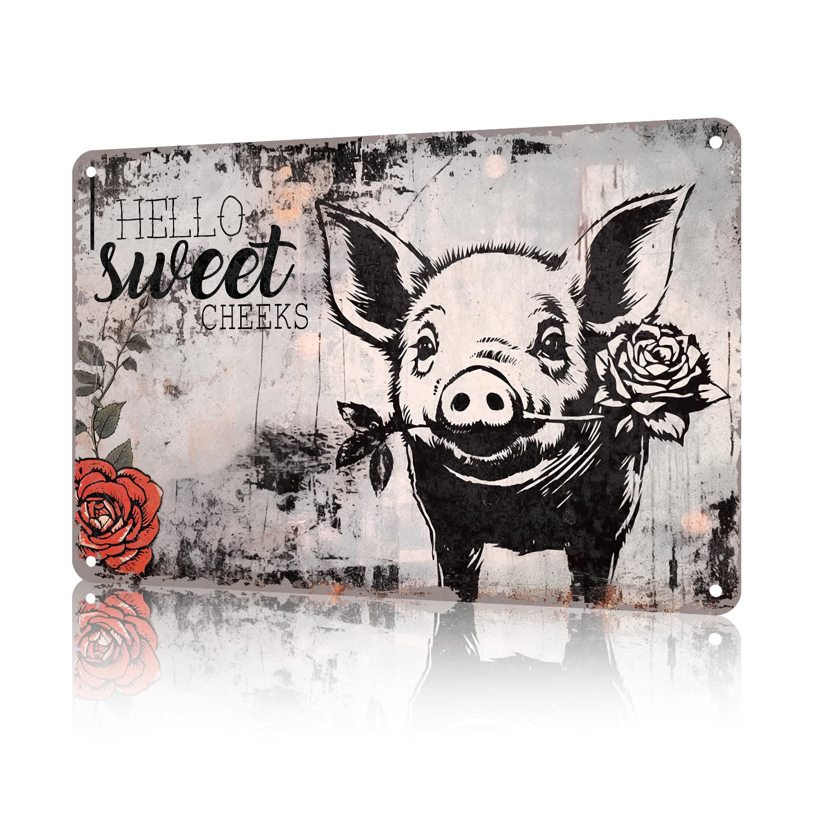 Anceky Aluminum Metal Signs Hello Sweet Cheeks Pig Flower Tin Sign for Home Kitchen Retro Decor Yard Garden Outdoor 12×8 Inch