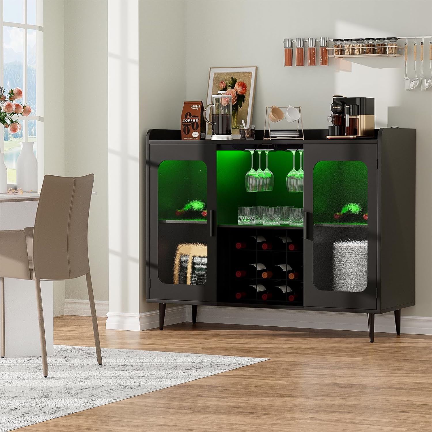 Liquor Cabinet Bar with Power Outlet and LED Light, Wine Bar Cabinet with Wine and Glasses Rack, Home Coffee Bar Cabinet, Buffet Sideboard with Storage Shelf for Kitchen, Dining Room, Black