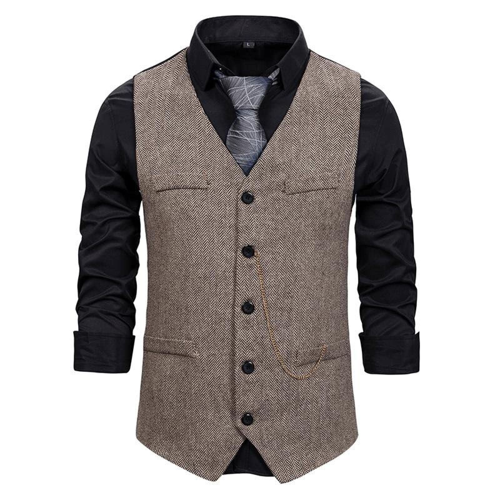 Herren Anzugweste - Männer Business Weste Fischgrät V-Ausschnitt Anzug Weste Vintage Mode Single Breasted Sleeveless Formale Party Kleidung