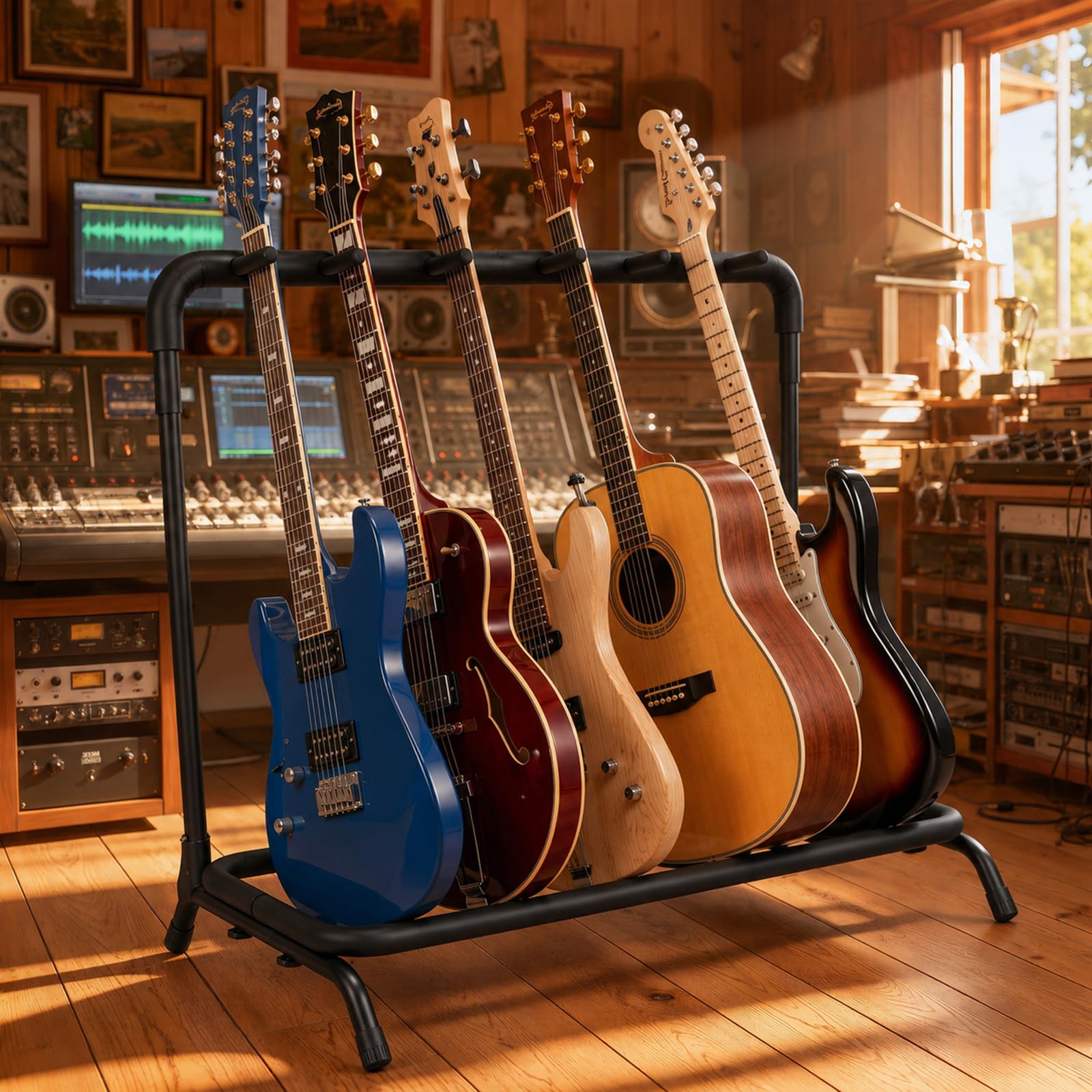 Multi Gitarrenständer Rack - Faltbarer Multi Gitarrenständer - Universeller Gitarrenhalter für 5 Gitarren - Ideal für Akustikgitarre, E-Gitarre, Bass