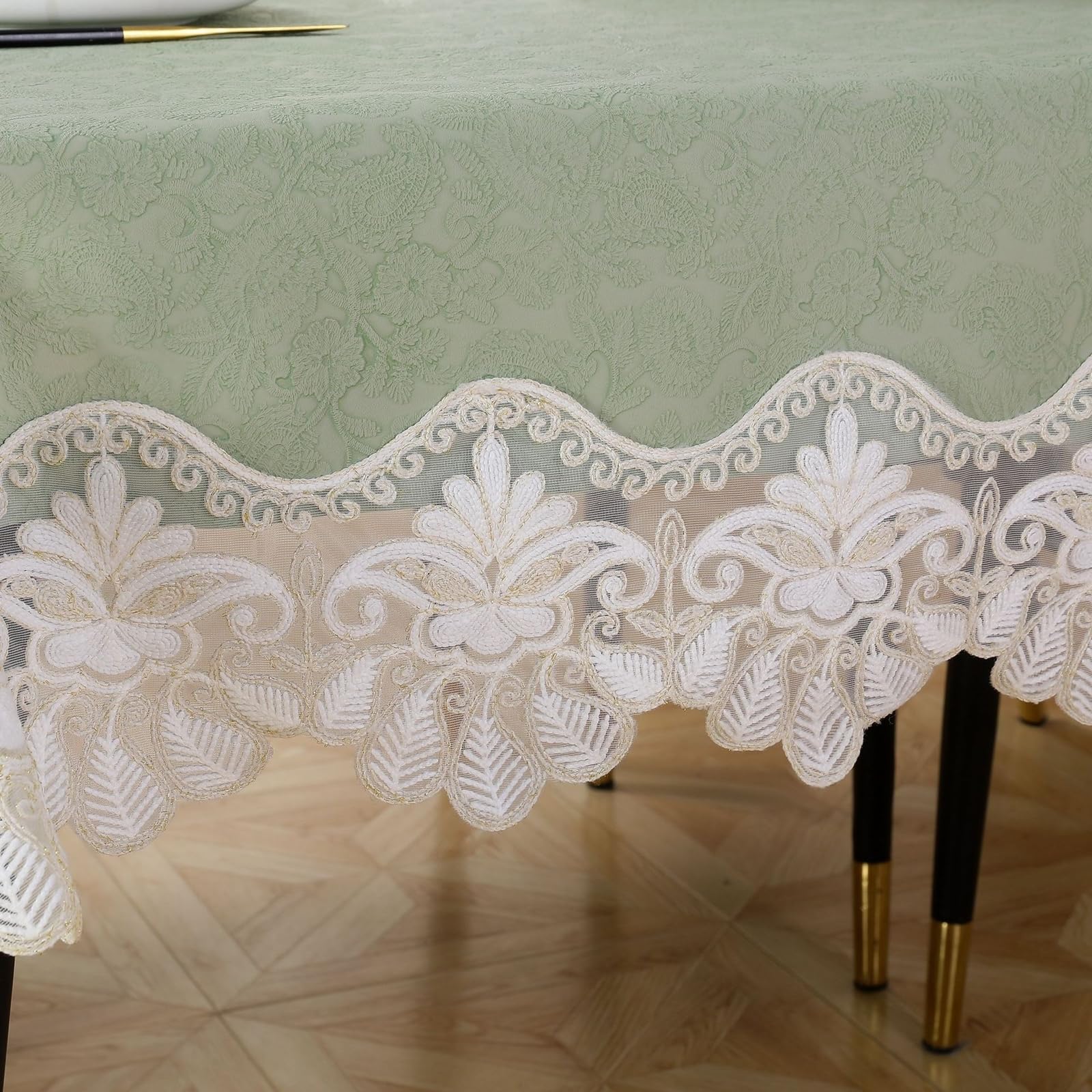 Tischdecke Hochzeit Rechteckig 150x220 cm, Grün Bestickt mit Spitze