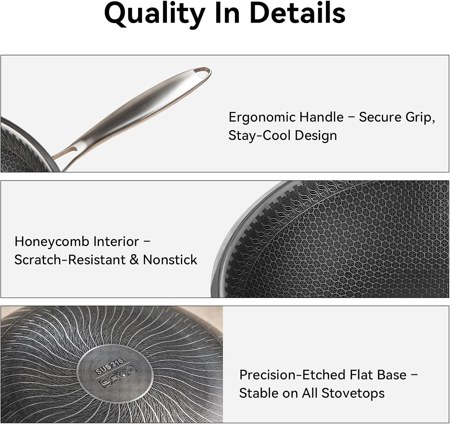 WANGYUANJI Honeycomb Stainless Steel Wok Pan with Lid, 12.6 Inch Hybrid Nonstick Stir Fry Pan Flat Bottom, PFOA-Free, Induction Compatible, Dishwasher Safe, No Seasoning Needed (Serves 3-4) - Image 6