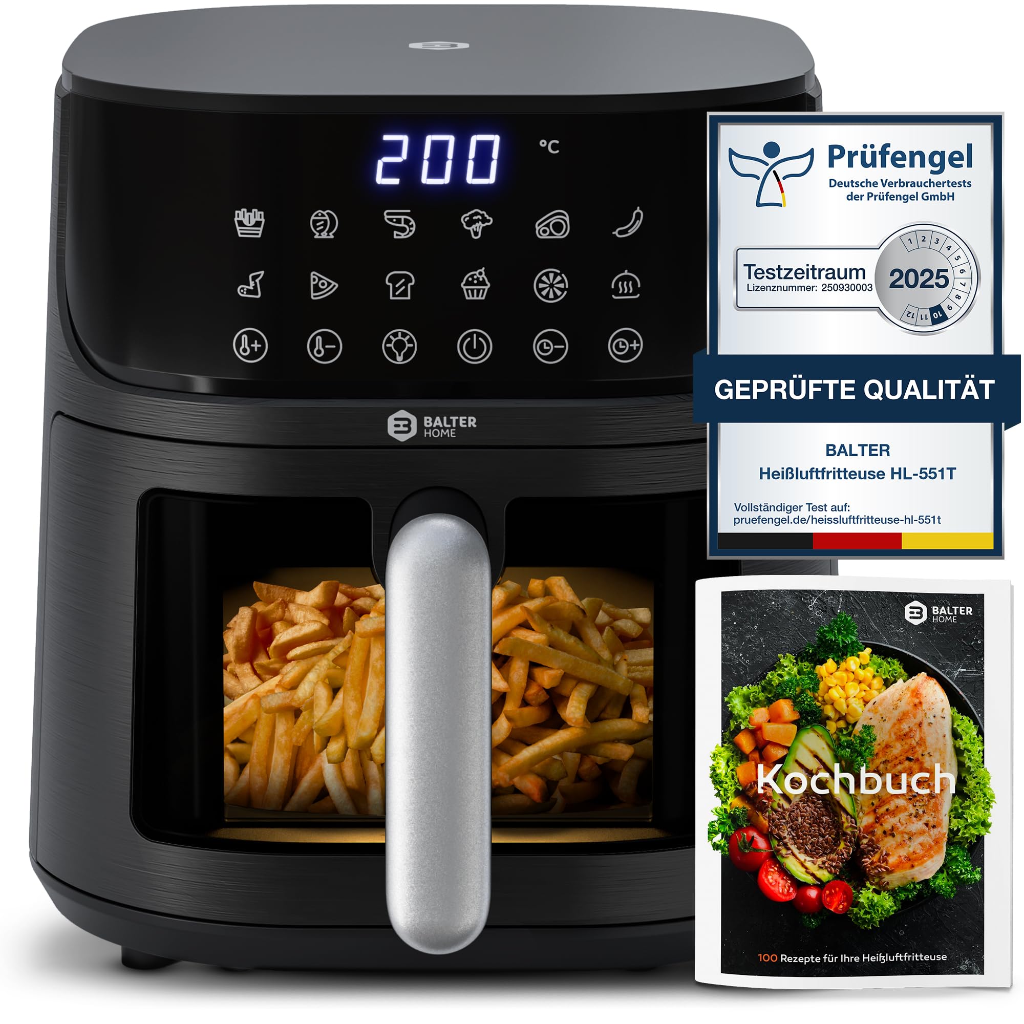 Balter Heißluftfritteuse Airfryer, 5,5 L, Friteuse Heissluftfritteuse XXL mit Sichtfenster, 12 Programme, all-in-1 Air Fryer, inkl. 100 Rezepte, HL-551T