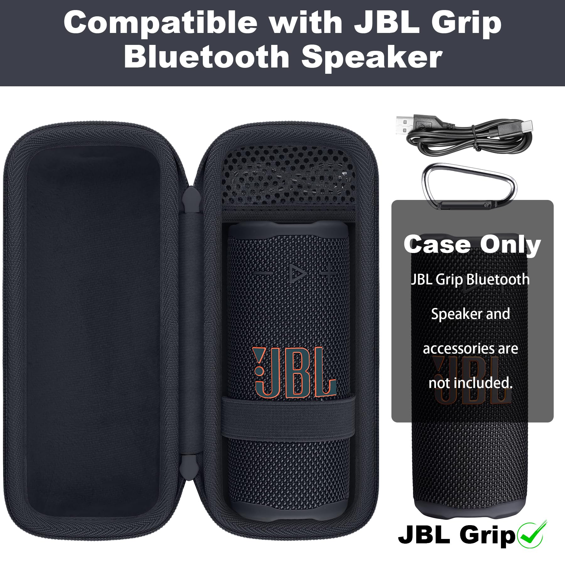 Khanka Twardy futerał na przenośny głośnik Bluetooth JBL Grip, Czarny (Black), Petit, walizka bagażowa | Kompatybilny z przenośnym głośnikiem Bluetooth JBL Grip, twardy futerał do przechowywania, tylko futerał