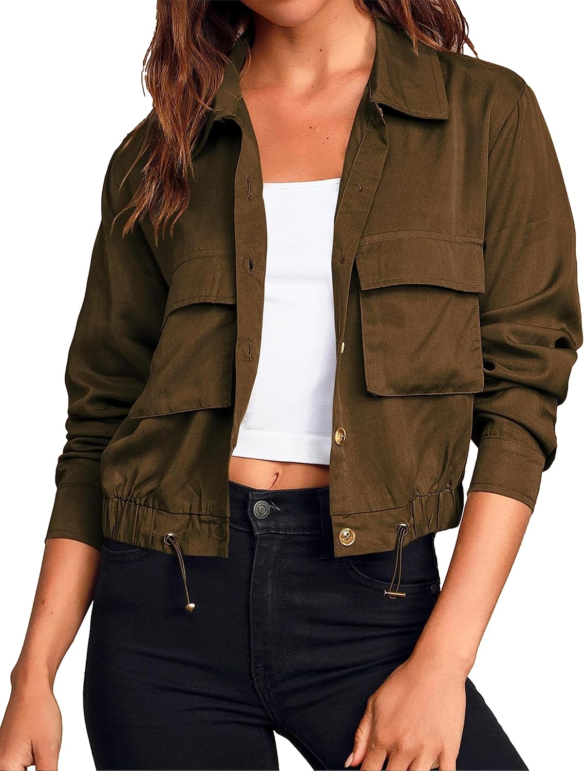 Womens Military Safari Cropped Jacket Casual Button Down Lightweight Drawstring Utility Anorak Coat with Pockets