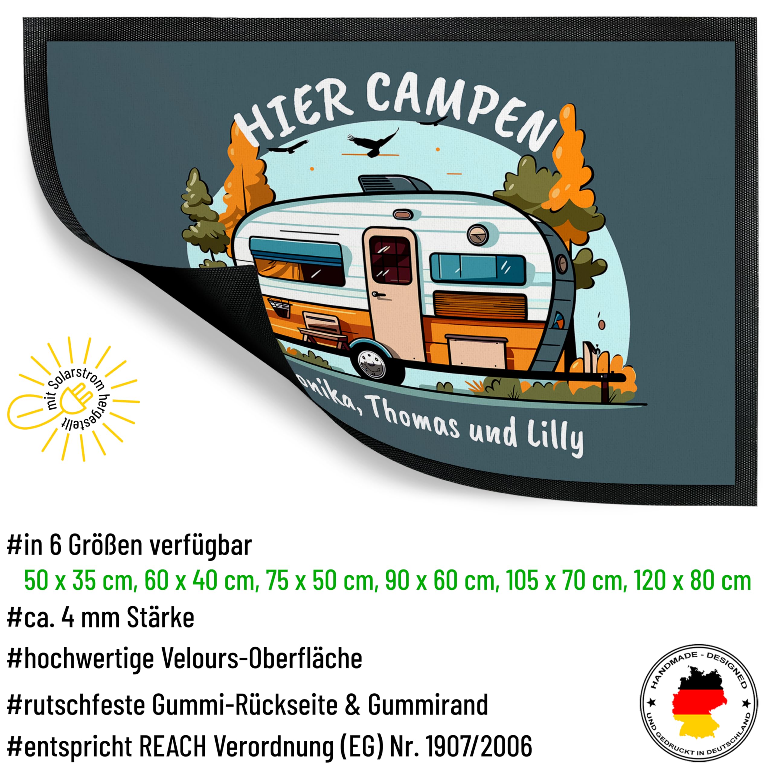 True Statements Camping Fußmatte „Hier CAMPEN“ personalisiert mit Wunschtext - für Innen & Außen - Geschenk für Campingfans Familien Reisen Camping-Freunde Geburtstag (50 x 75 cm)