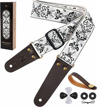 Nefelibata Guitar Strap with Leather Ends for Bass, Electric & Acoustic Guitars, with Free Strap Button, 1 Pair Strap Locks and 4 Guitar Picks