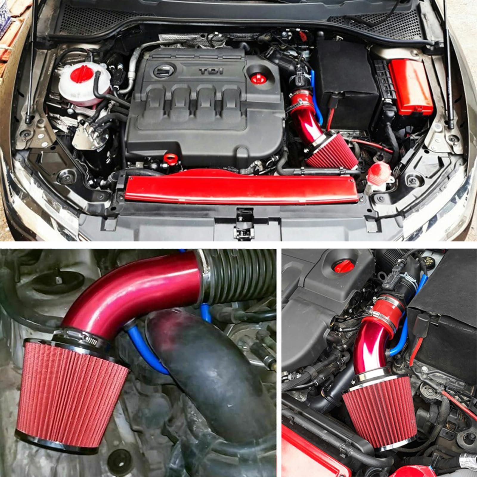 Krtopo Koude luchtinlaatfilterkit - 3 inch luchtinductiekit 76 mm kegelfilter universele prestaties met aluminiumlegering buis inlaatslang pijpsysteem voor automotor - rood
