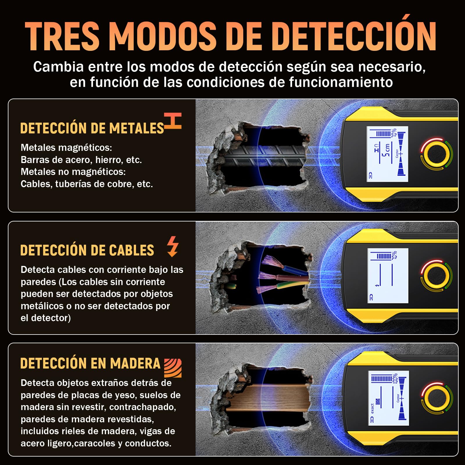 WD-01 Detector de Pared 6 en 1, Detector Cables y Tuberias con Orificio de Posicionamiento, Escáner de Pared para el Centro y el Borde de Madera, Cables de CA, Metal, Montantes, Vigas, Tuberías