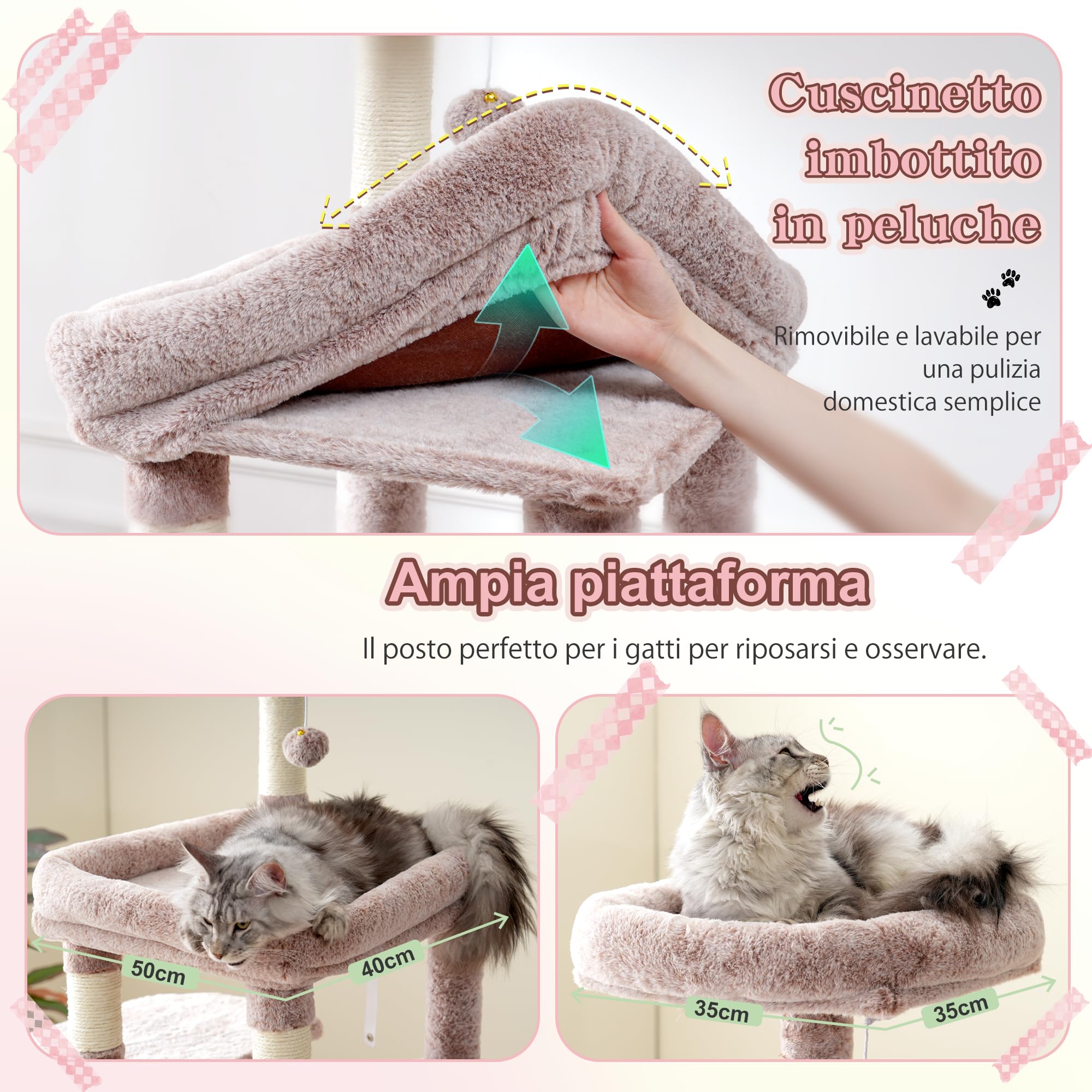Heybly Tiragraffi Per Gatti, Albero Alto 180 Cm Con Base XL Stabilissima, Piattaforma Ampia E 2 Amache, Progettato Di Razza Maine Coon, Beige Marrone HCT037MU
