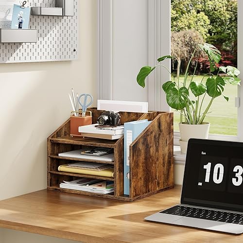 Miniatura 7 de Organizador de escritorio de madera con particiones ajustables, soporte de archivos de escritorio de varias capas para oficina en casa, organizador